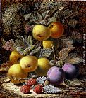 Apples Canvas Paintings - Still Life with Apples, Plums and Raspberries on a Mossy Bank